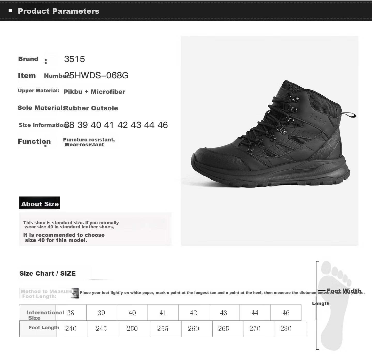 3515 Men's Outdoor Anti-Puncture Hiking Boots Non-Slip Wear-Resistant Training Combat Boots Black Size 43 5
