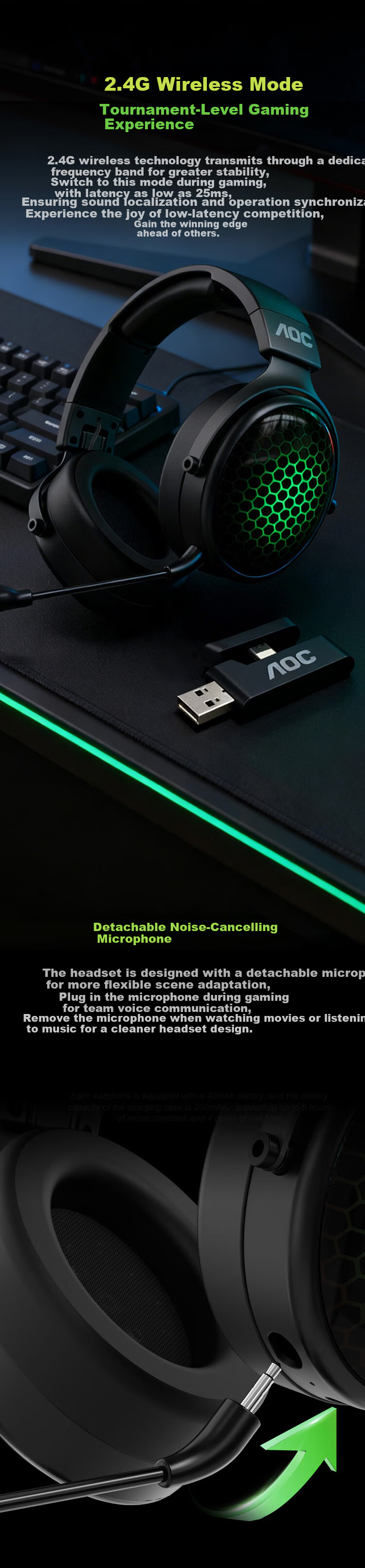 AOC Gaming Headset Over-Ear 7.1 Surround Sound PC Headphones Delta Operation FPS Wireless Bluetooth Wired Tri-Mode Long Battery Life 6