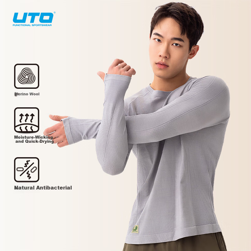 UTO Merino Wool Quick-Dry Breathable Long Sleeve Men's Sports T-Shirt Outdoor Running Classic Black M