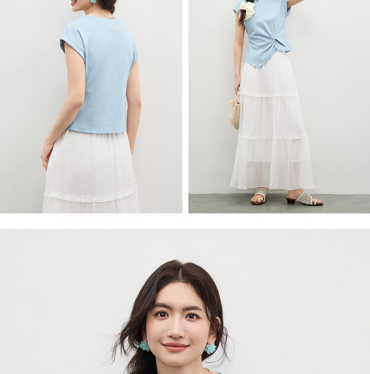 Shangdu Bira Raglan Sleeve Pure Cotton T-Shirt Women Spring Summer Crew Neck Knot Slim Fit Irregular Hem Tailored Casual Top 18
