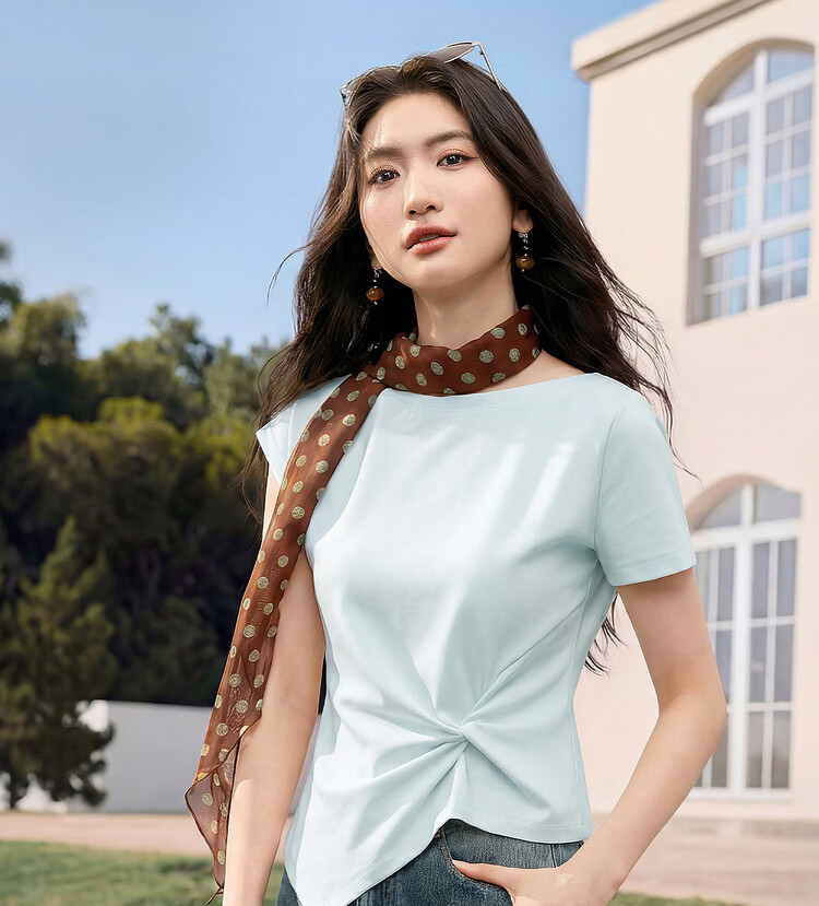 Shangdu Bila Off-Shoulder Pure Cotton T-Shirt Women Spring Summer Twist Knot Irregular Hem Short Sleeve Slimming Top 1