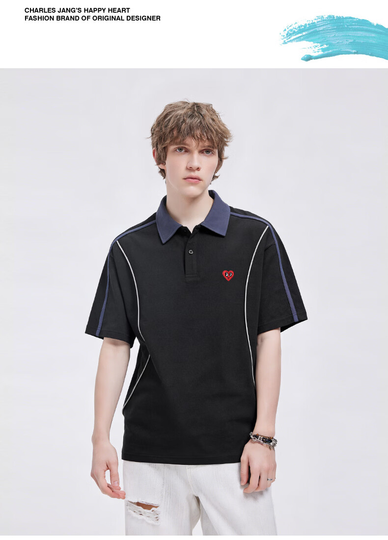 Charles Heart Summer Business Casual Patchwork Short Sleeve Polo Shirt Unisex Pure Cotton Versatile Couple Light Heather Gray M 16