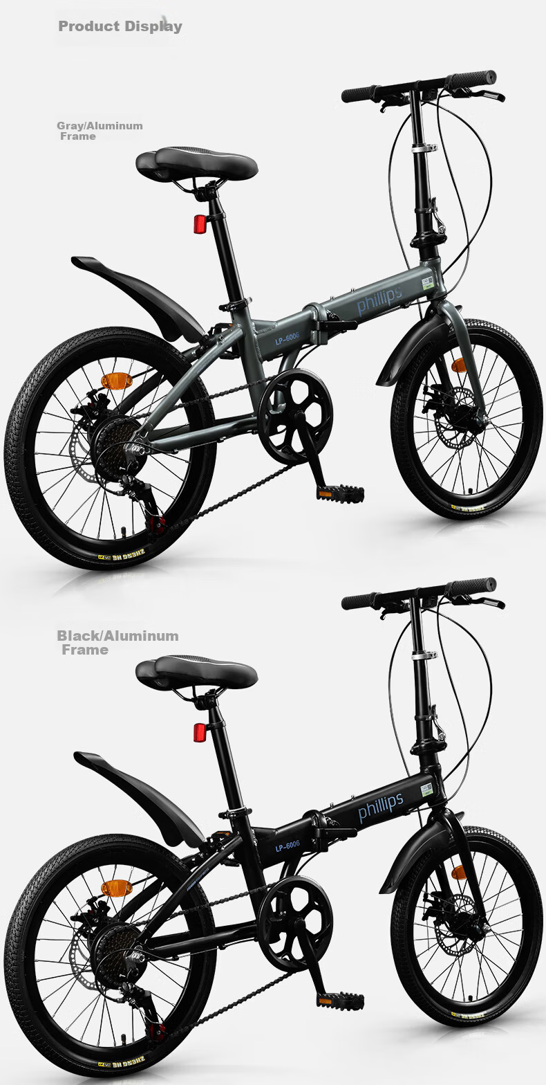 PHILLIPS Folding Bike Adult Unisex Ultra-Light Convenient Youth Commuter Black 22-Inch Single Speed 7