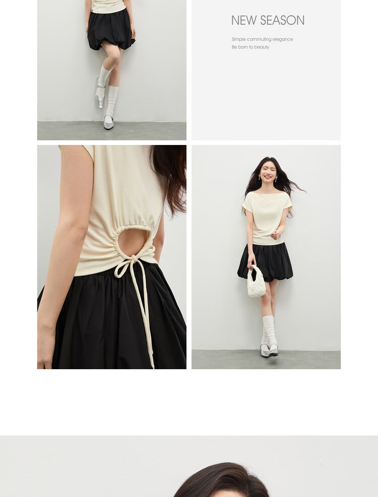 Shangdu Bila Back Waist Hollow Out Pleated Cotton Blend T-Shirt Women Spring Summer Petite Raglan Short Sleeve Slim Fit Top 15
