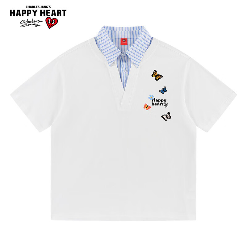 Charles Peach Heart Fake Two-Piece Cotton Couple Short Sleeve Polo Shirt Butterfly Print Unisex Off-White XS