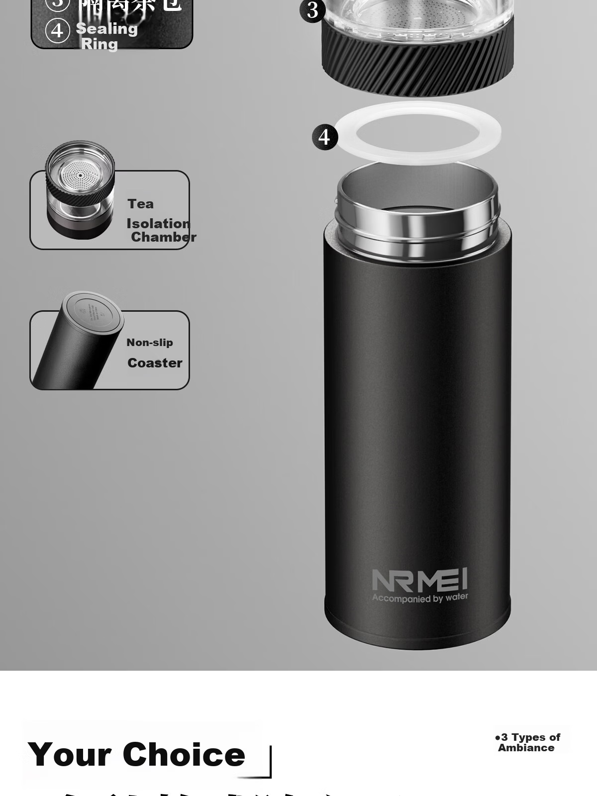 NRMEi Insulated Tea Separation Smart Water Bottle 316 Stainless Steel Men's Business Office Car Travel Gift Cup 25
