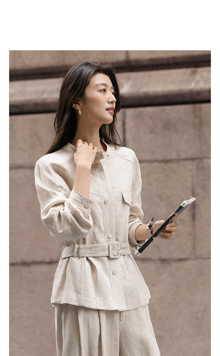 Demana [100% Linen] Spring Moray Series Stand Collar Flap Pocket Adjustable Belt Drop Shoulder Petite Women's Jacket 14