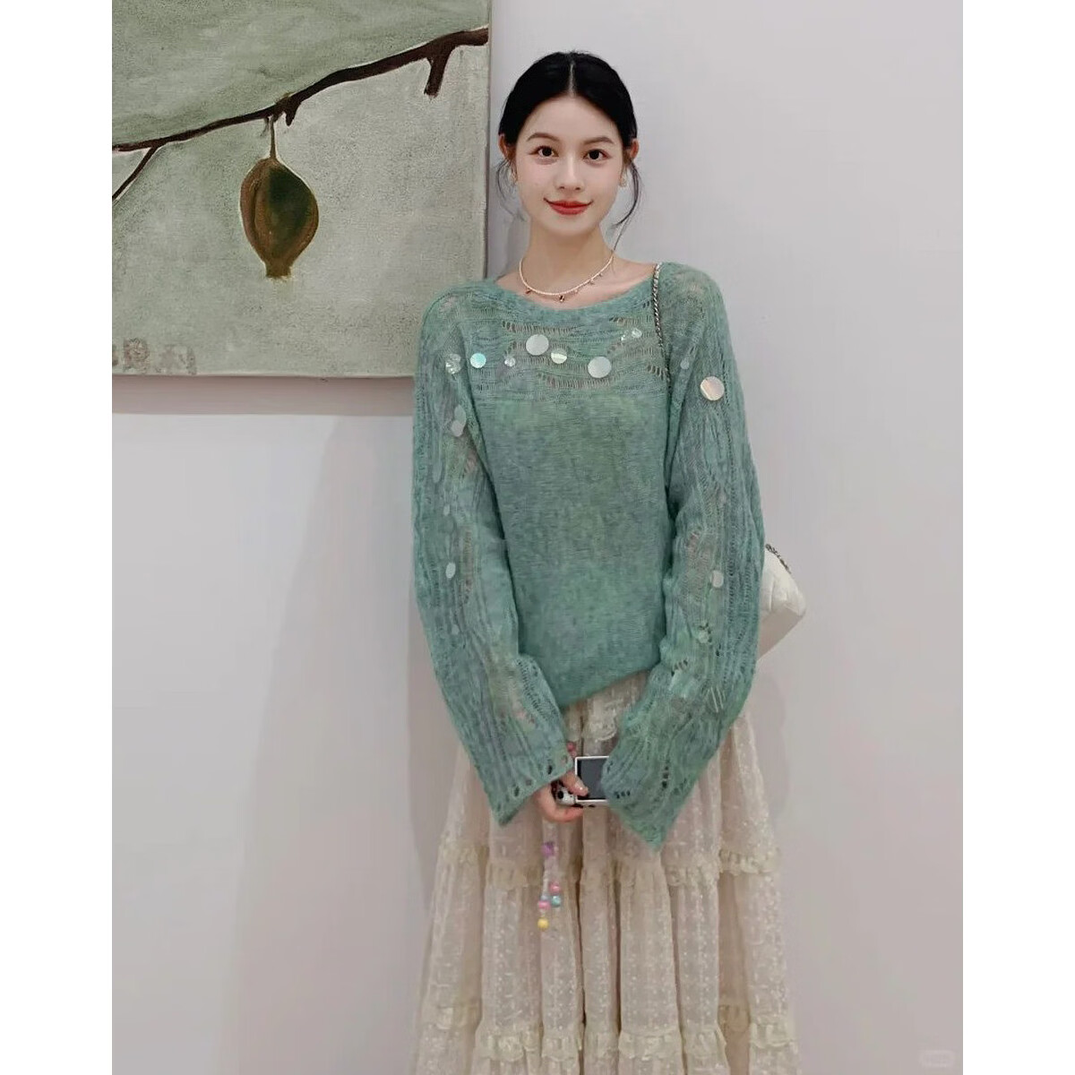 MT Spring Elegant Sequin Hollow Knit Sweater with Wool Blend for Women