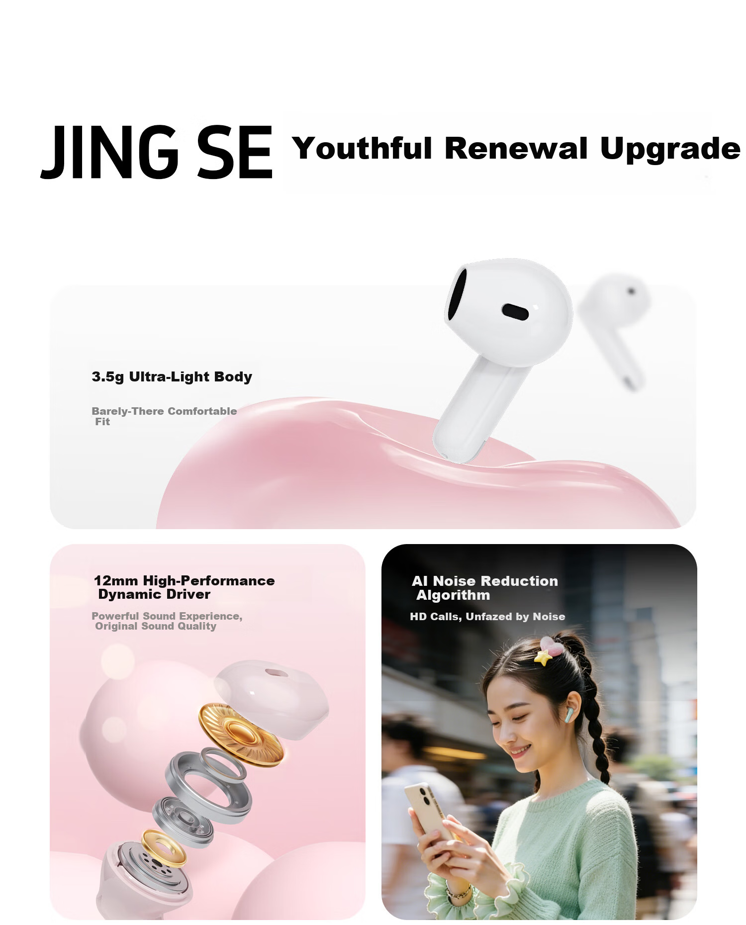 Soaiy JING SE True Wireless Bluetooth Earbuds Open Semi-In-Ear Sports Running Noise Cancelling Headphones for Apple Huawei Xiaomi Cream White Annual Meeting Gift 3