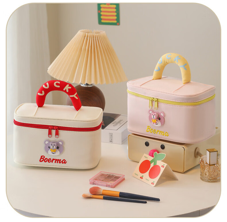 Qinxin Muyu Dopamine Bear Large Capacity Cosmetic Bag for Women Handheld Makeup Storage Portable Toiletry Bag Red and White 17