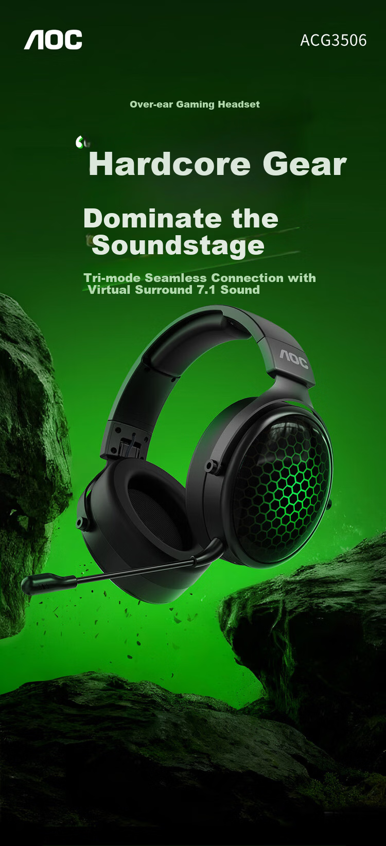 AOC Gaming Headset Over-Ear 7.1 Surround Sound PC Headphones Delta Operation FPS Wireless Bluetooth Wired Tri-Mode Long Battery Life 1