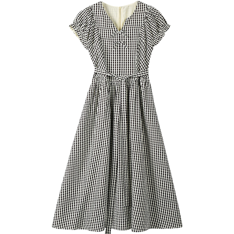 INMAN Plaid Bow V-Neck Puff Sleeve Tie-Waist Long Dress Black and White Check L Summer 2026 New Women's