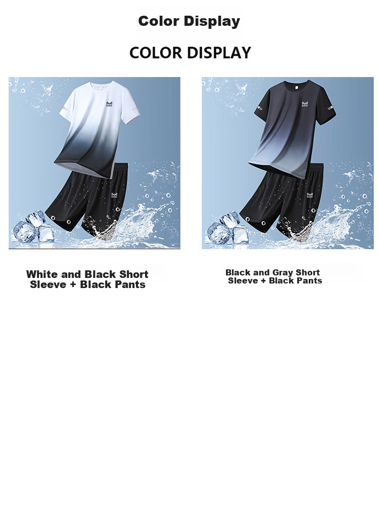 MiiOW Men's Summer Ice Cooling Breathable Crew Neck T-Shirt and Casual Versatile Five-Point Pants Two-Piece Set Black Gray XL 8