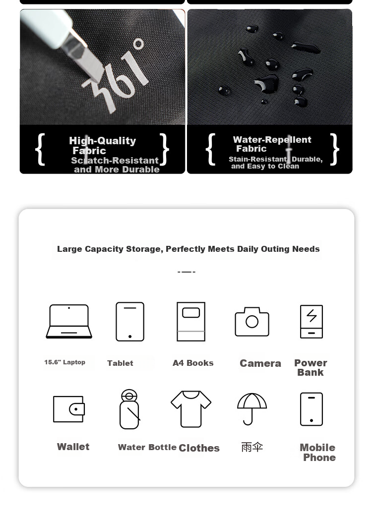 361° New Lightweight Large Capacity Multi-Layer Multi-Pocket Water-Resistant Casual Durable Backpack 15