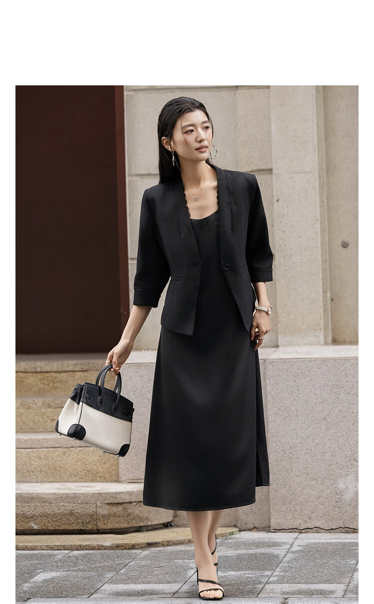 Demana [Light Business] Spring V-Neck Lace Single Button Three-Quarter Sleeve Double Piped Pocket Waist-Cinched Women's Blazer 14