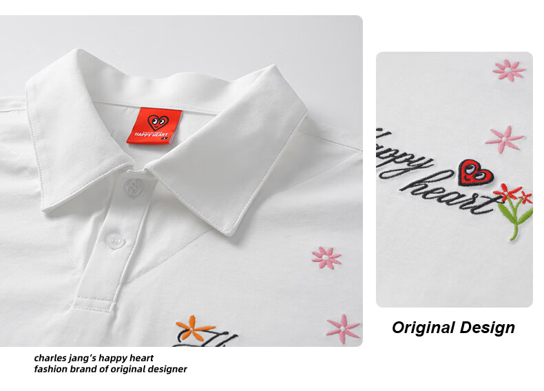 Charles Heart Trendy Floral Love Embroidery Couple Pure Cotton Short Sleeve Polo Shirt Casual Unisex Black XS 1