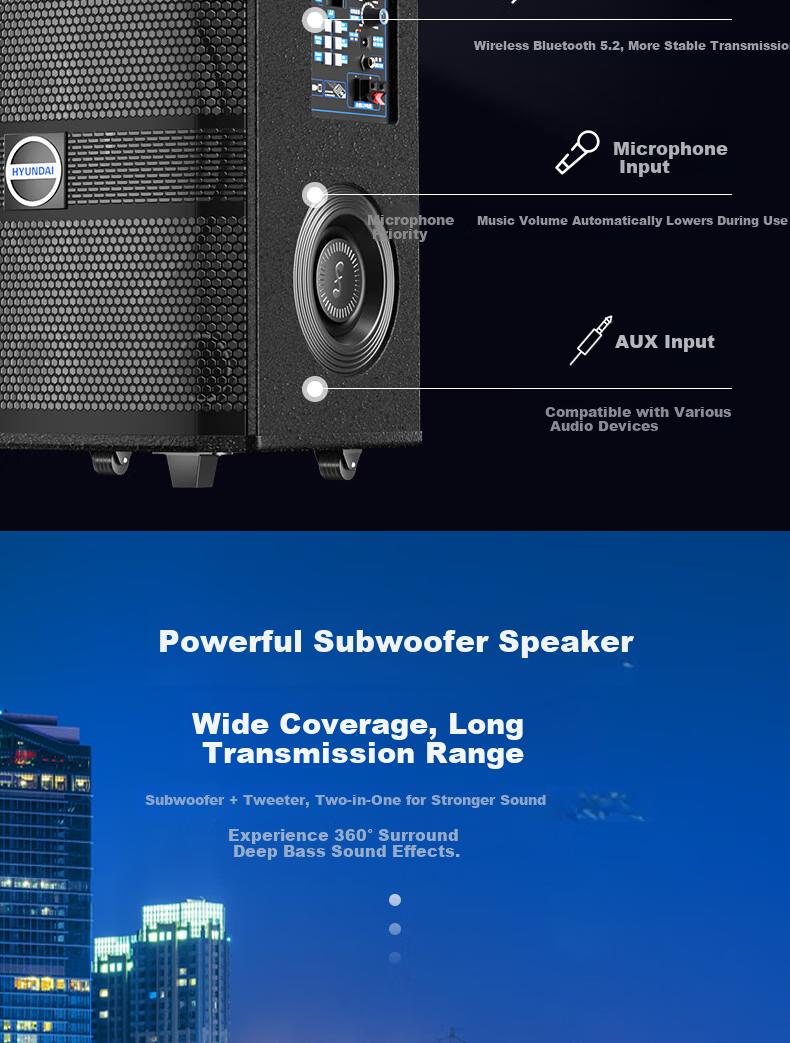 HYUNDAI 12-inch High-Power Square Dance Speaker Portable Trolley Outdoor Bluetooth Stage Speaker with Microphone for Karaoke Performance and Hosting 14