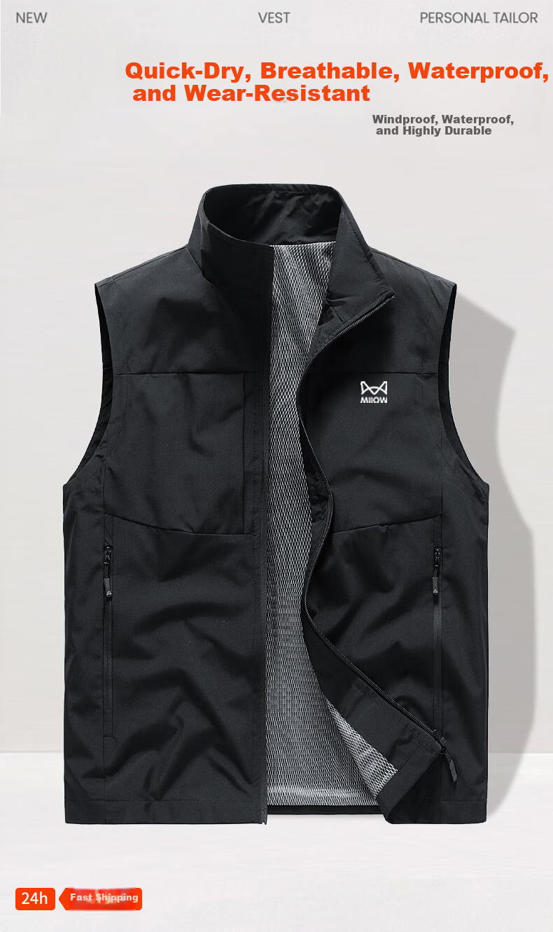 Miiow Men's Vest Spring Autumn Jacket Trendy Breathable Outdoor Sleeveless Quick-Dry Waistcoat Black 2XL 1