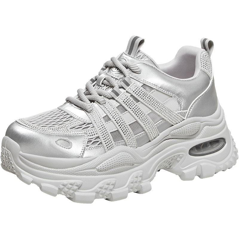 TATA Women's Summer Mesh Casual Sports Shoes Breathable Thick Sole Dad Sneakers Silver Gray Size 37