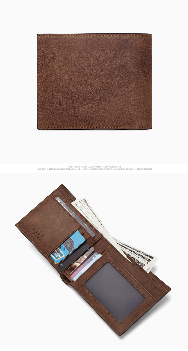 ELLE HOMME Vertical Wallet First Layer Cowhide Multi-Card Vintage Bi-Fold Card Holder 0330 Birthday Gift for Boyfriend 14