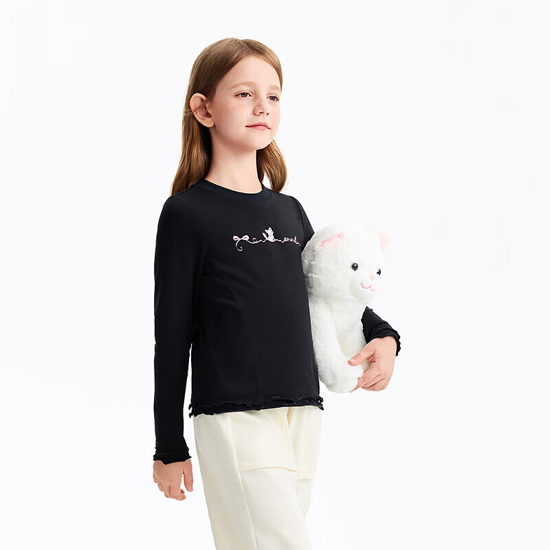 Annil Girls' Crew Neck Long Sleeve Knit Sweater 2026 Spring New Black 170