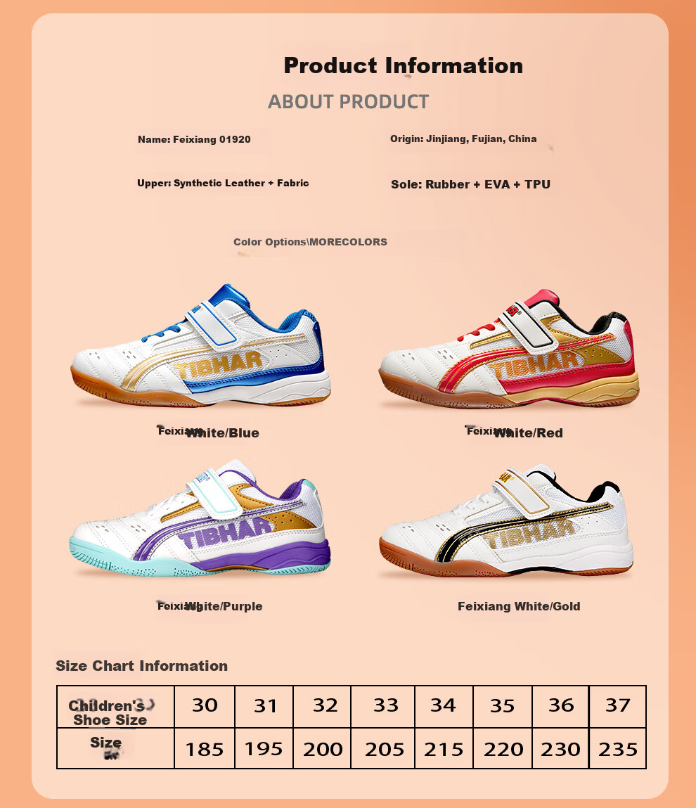 TIBHAR Kids Table Tennis Shoes Non-Slip Durable Training Breathable Rubber Sole Sports Shoes 01920 White Purple Size 36 10