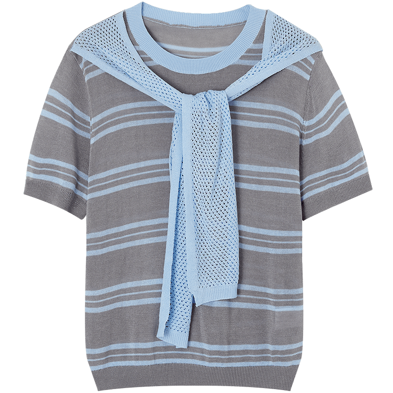 Demana Breathable Yarn Spring College Style Ribbon Striped Loose Slim Short Sleeve Women's Knit Sweater