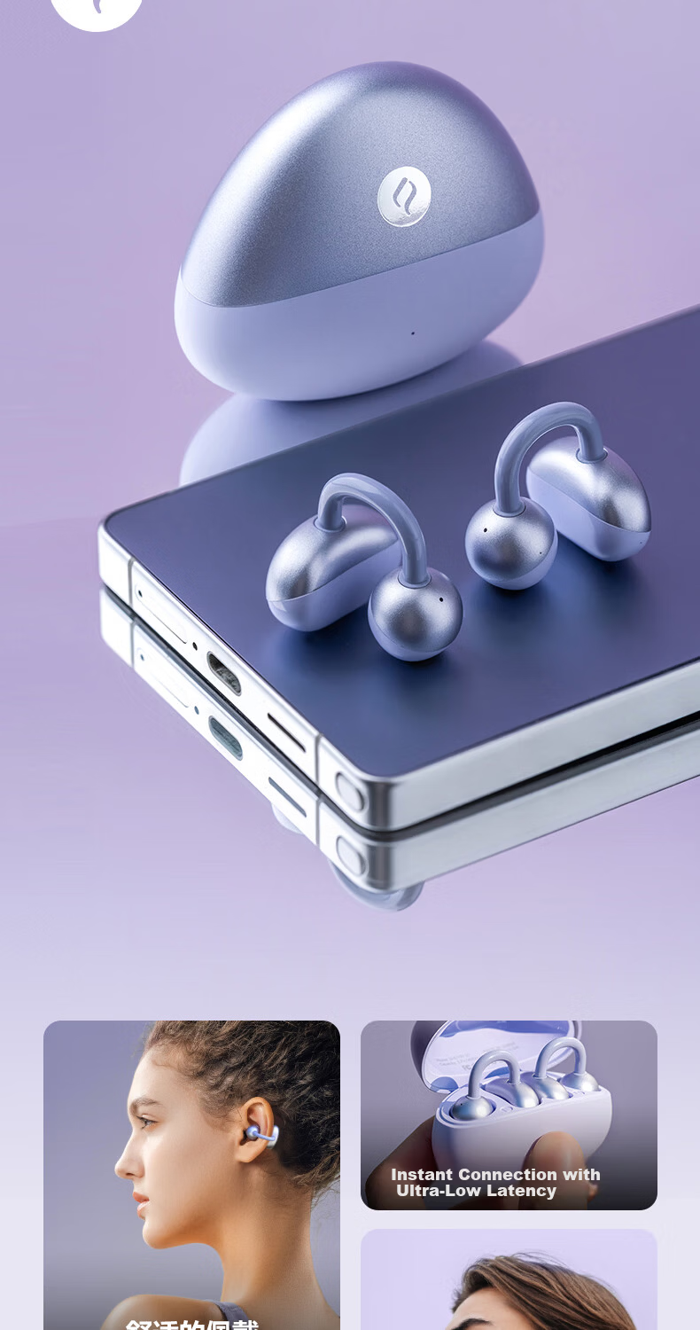 SHEYIN S5 Clip-On Bluetooth Earphones Open Air Conduction Non-In-Ear Sport Earhook Long-Wear Comfortable Compatible with Apple Huawei Phones Champagne Gold 5
