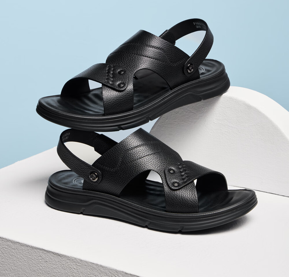 Camel Brand Men's Sandals First Layer Cowhide Beach Shoes Open Toe Breathable Dual-Wear Slippers P16M211013 Black Size 38 13