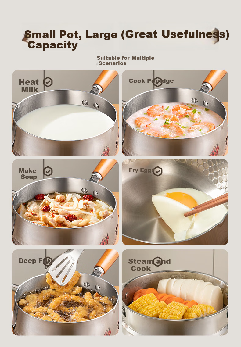 Suncha Snow Flat Pot 316L Stainless Steel Thickened Milk Pot 0 Coating Multifunctional Cooking Noodles Baby Food Grade 20cm with Steamer Basket 9