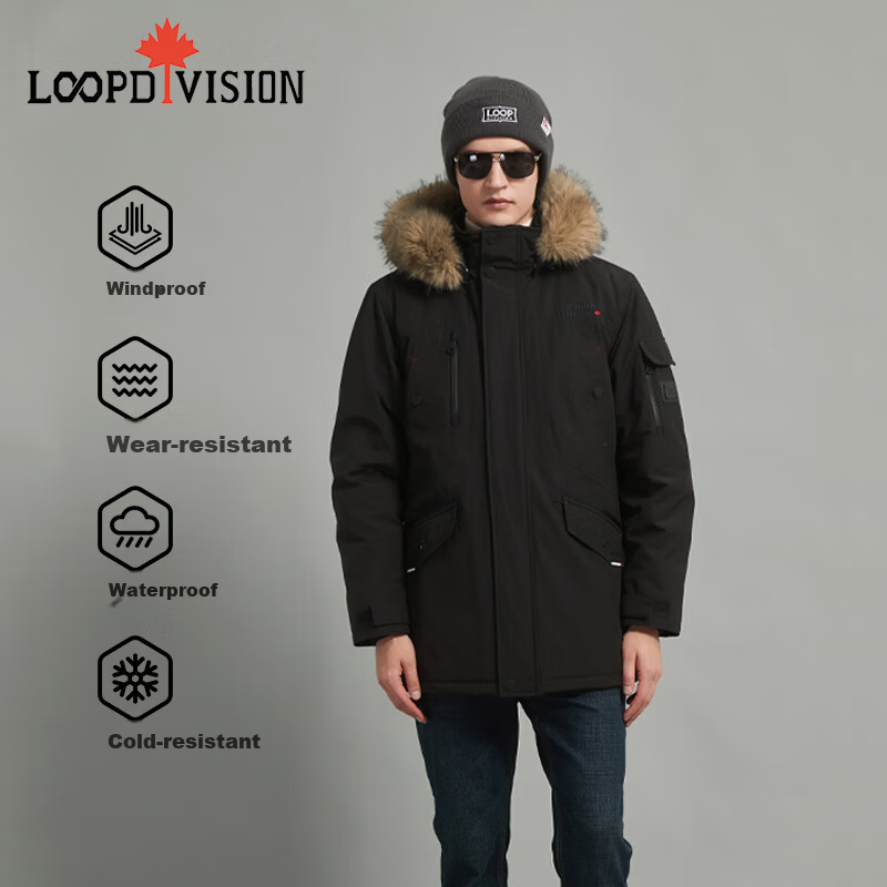 LOOPDIVISION Men's Outdoor Windproof Water-Repellent Extreme Cold Warm Mid-Length Parker Coat ROGER