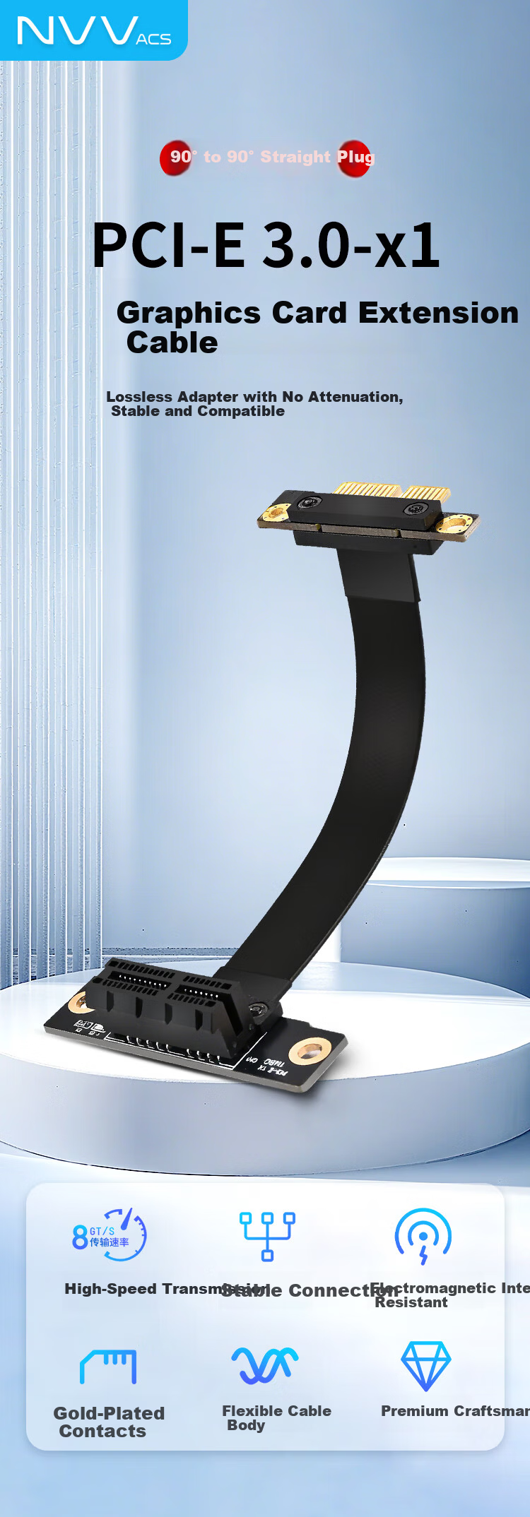 NVV PCI-E Extension Cable PCIe X1 3.0 Network Card Sound Card USB NVME Expansion Adapter 10cm Black 90-Degree Right Angle 1