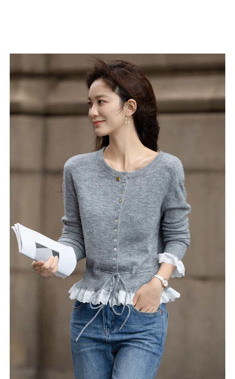 Demana Spring Sweet Crew Neck Shell Button Knit Sweater with Contrasting Lace Trim and Drawstring, Wool Blend 11
