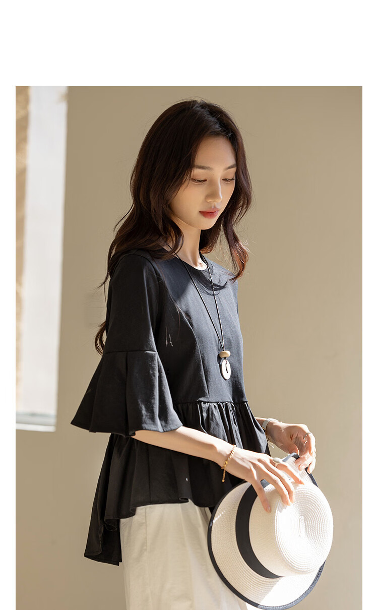 Demana [Pure Cotton Silk Whisper] Spring Light Mature Style Patchwork Five-Sleeve Loose Slimming Petite Women's T-Shirt 3