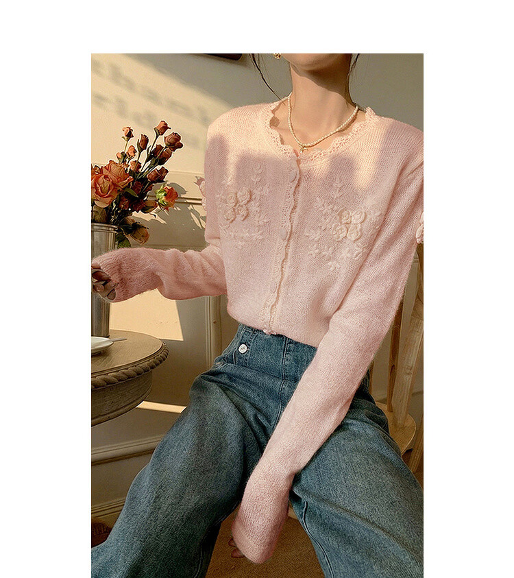 MT [Qiju Yunxu] Spring Gentle Style 3D Crochet Cardigan with Decorative Edging Soft Knit Women's Top 16