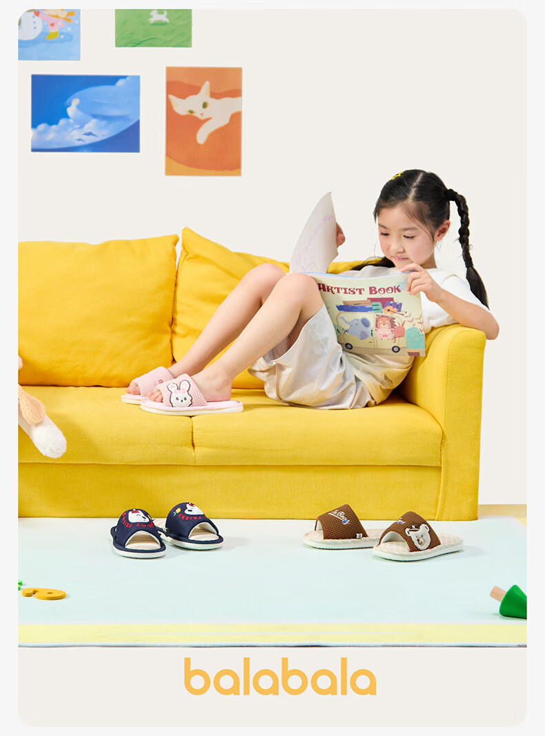 Balabala Kids Linen Slippers Spring Autumn Boys Indoor Home Wear-Resistant Girls Cartoon Baby Four Seasons Slippers for Older Children 4