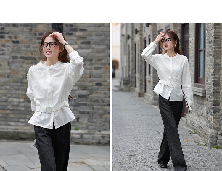 Mt Breathable Cotton-Linen Spring Adjustable Waistband Round Neck Mid-Length Loose Shirt Women's Top 8
