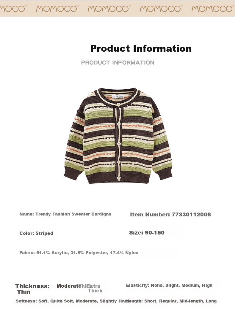 MOMOCO Boys' Sweater Cardigan Spring and Autumn Striped Fashion Knitwear for Older Kids 105 4