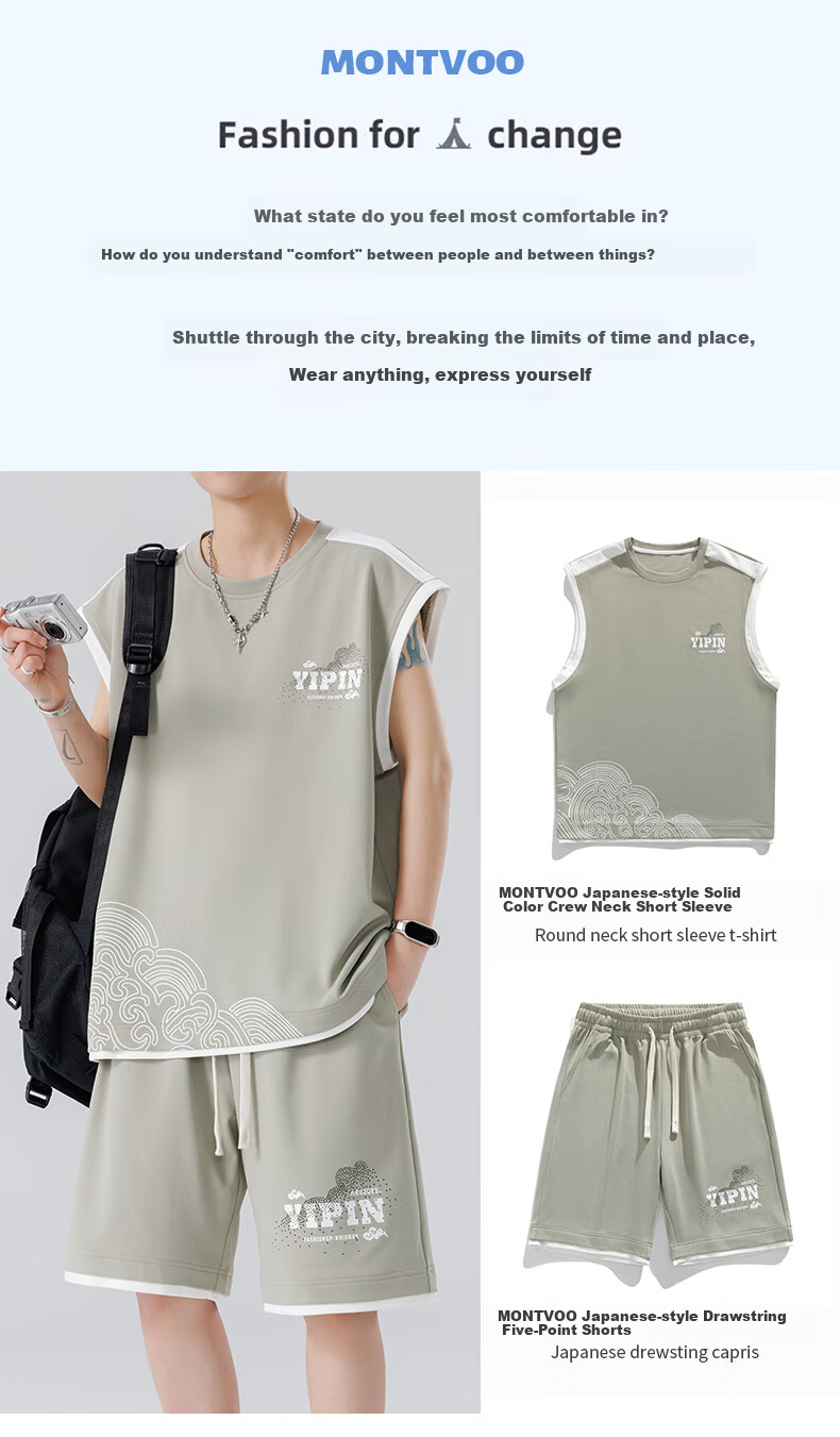 Foss Phil Men's Summer Sports Set Ice Silk Sleeveless T-Shirt and Loose Shorts Vest T07 White 2XL 2