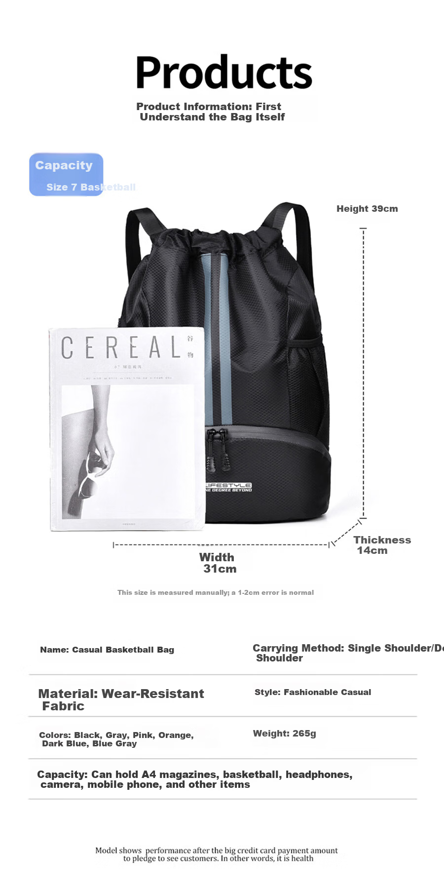 361° Sports Bag for Men Swimming Bag Basketball Bag Football Backpack Training Fitness Drawstring Shoulder Bag Black 6