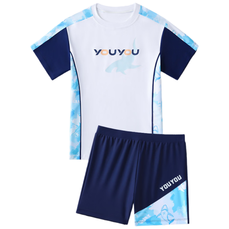 Youyou Boys' Children's Swimwear Middle and Large Kids Two-Piece Professional Youth Sun Protection Swimming Suit Five-Piece Set 36013 Blue White 2XL