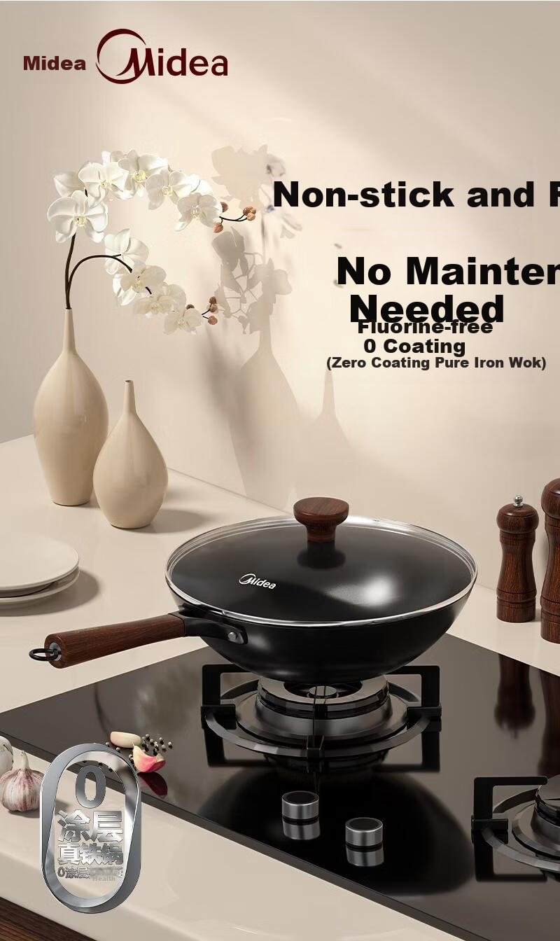 Midea Cast Iron Stir-Fry Pan Non-Coated Non-Stick Rust-Resistant 28cm Flat Bottom Frying Pan Compatible with Induction Cookers 2