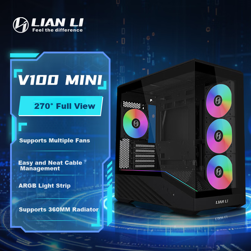 LIANLI Lianli Fengyi V100 MINI PC Case Pre-installed 4 Fans Seaview Case Black / Supports M-ATX Motherboard / 360mm Water Cooling / Pre-installed GPU Bracket