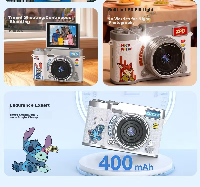 Disney Zootopia Kids Camera CCD Alternative Student Flip Screen Portable Entry-Level Camera for Photography Travel Boys Girls Birthday Lantern Festival School Gift X2 Judy 2