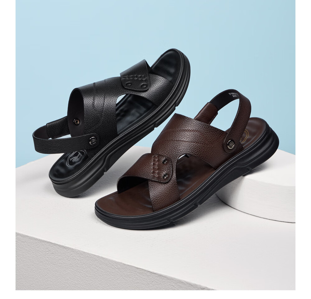 Camel Brand Men's Sandals First Layer Cowhide Beach Shoes Open Toe Breathable Dual-Wear Slippers P16M211013 Black Size 38 3