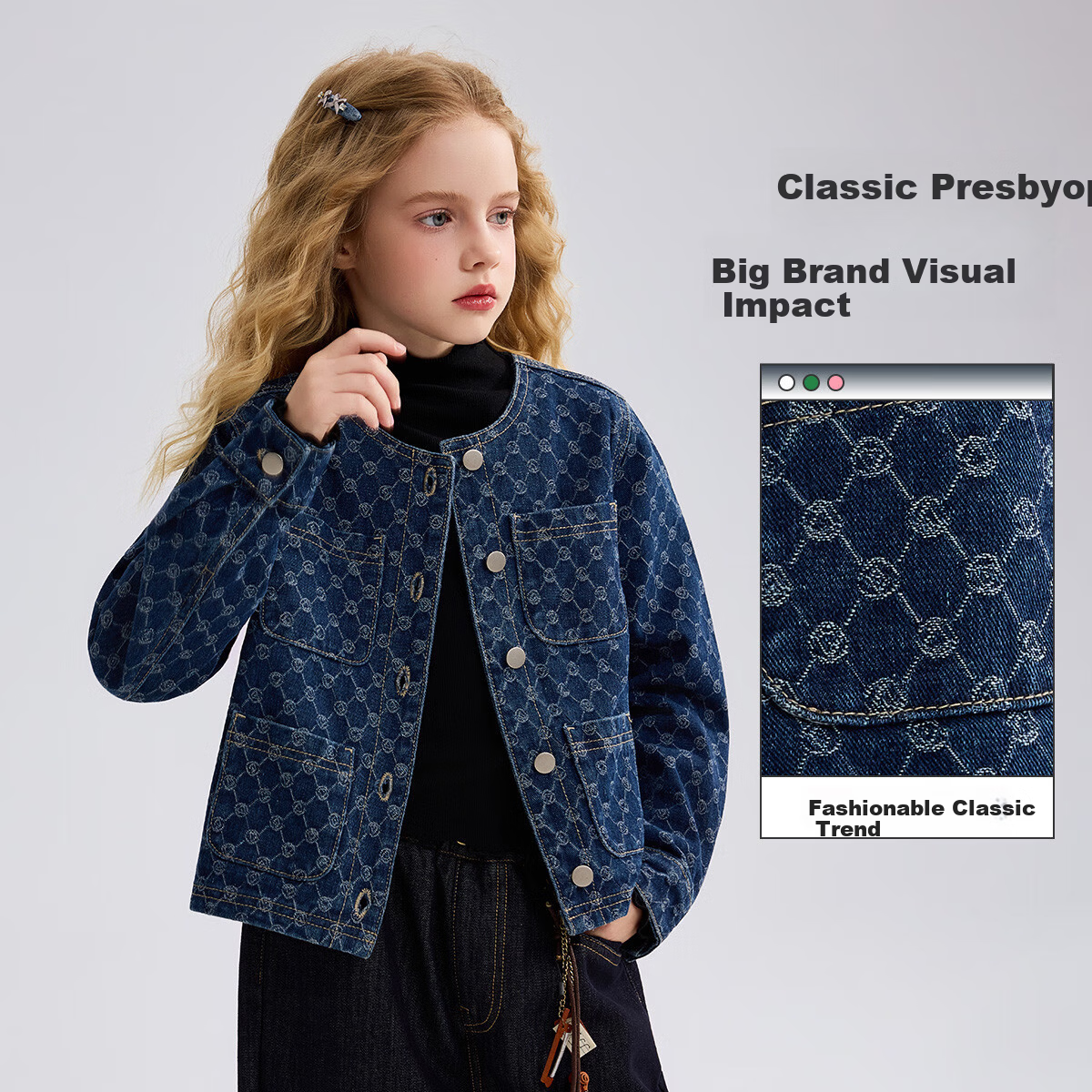 ASK JUNIOR Kids Denim Jacket Spring Girls Vintage Floral Long Sleeve Tweed Top Denim Blue 150
