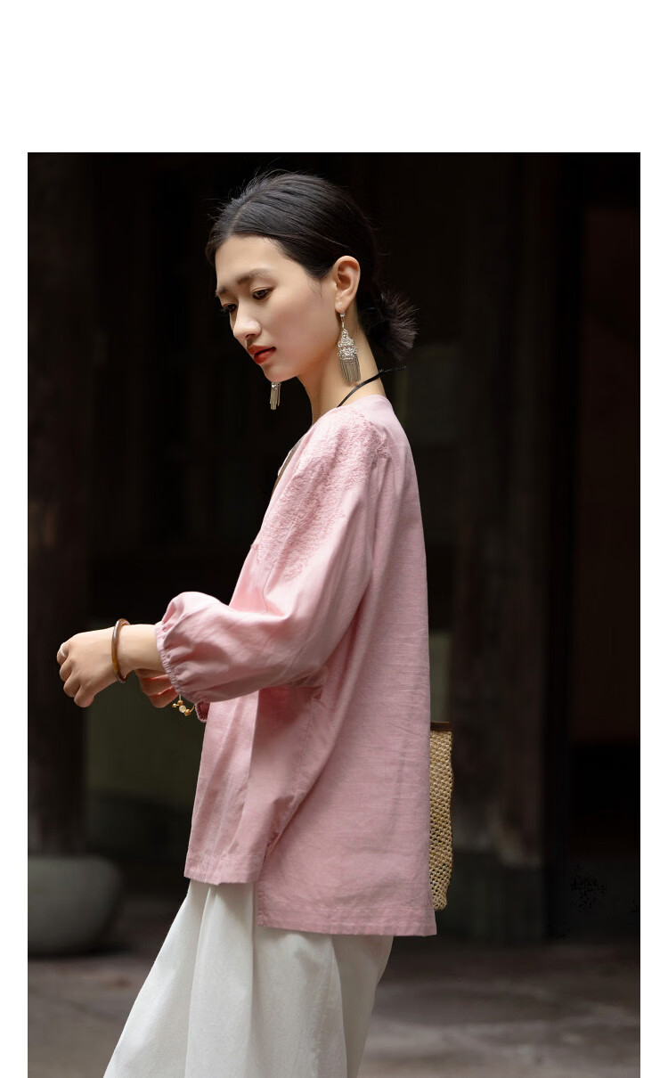 Demana Linen Cotton Blend Spring Elegant Embroidered Shirt 3/4 Sleeve High-Low Hem Petite Women's Blouse 5
