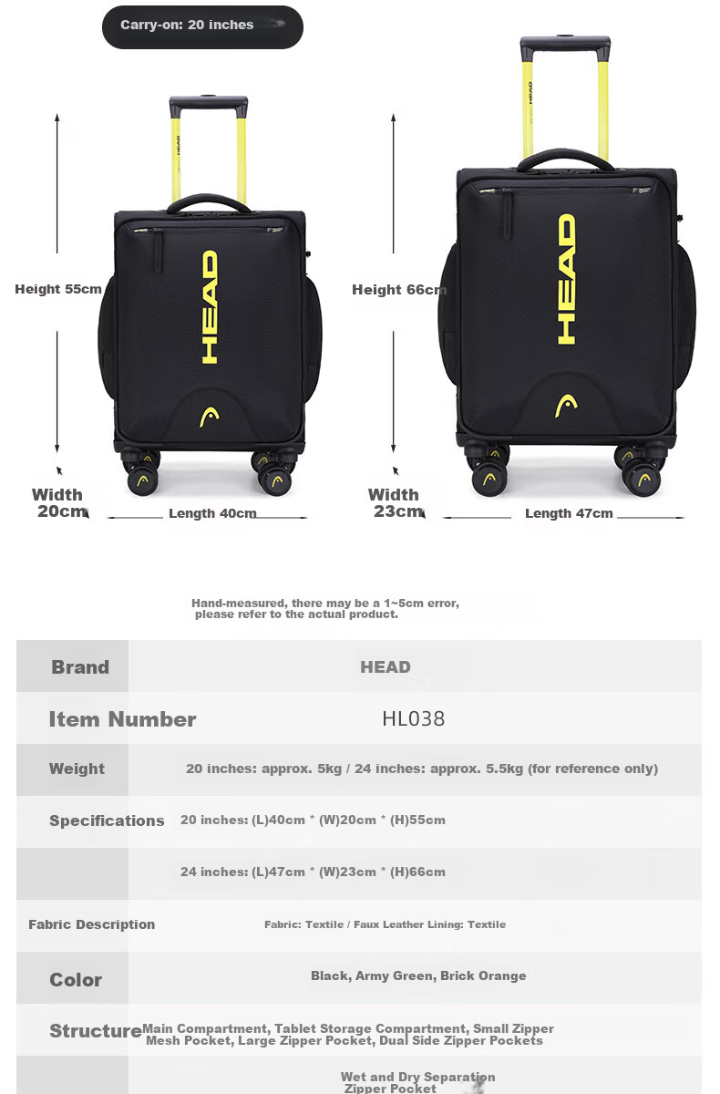 HEAD Lightweight 20-inch Carry-on Soft Luggage Large Capacity Ski Travel Suitcase Tennis Racket Bag 3