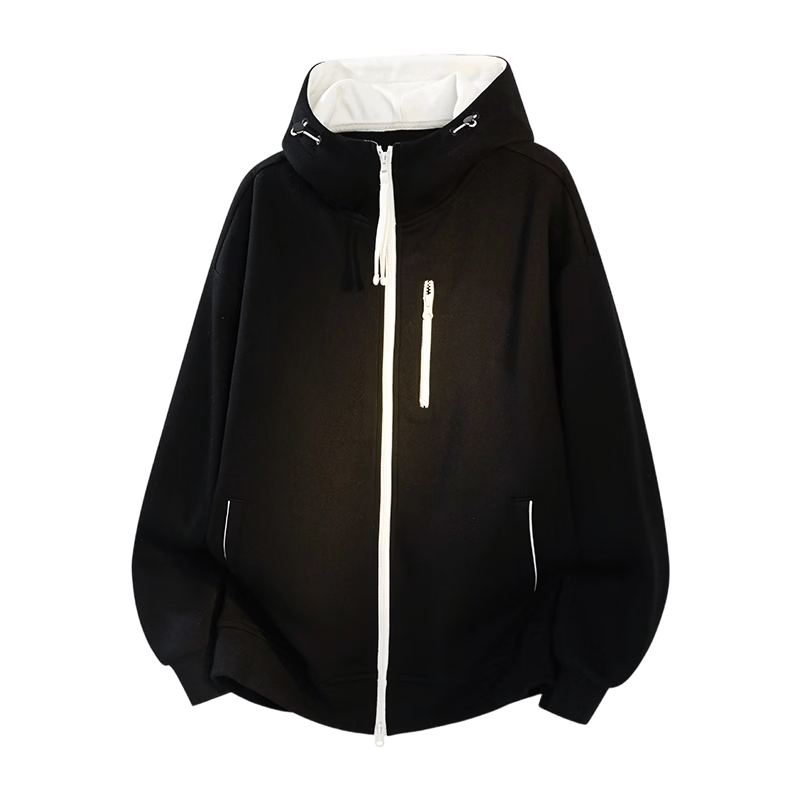 MEDE Spring Autumn Colorblock Zipper Cardigan Hoodie Unisex Trendy Loose Casual Versatile Hooded Jacket Black L