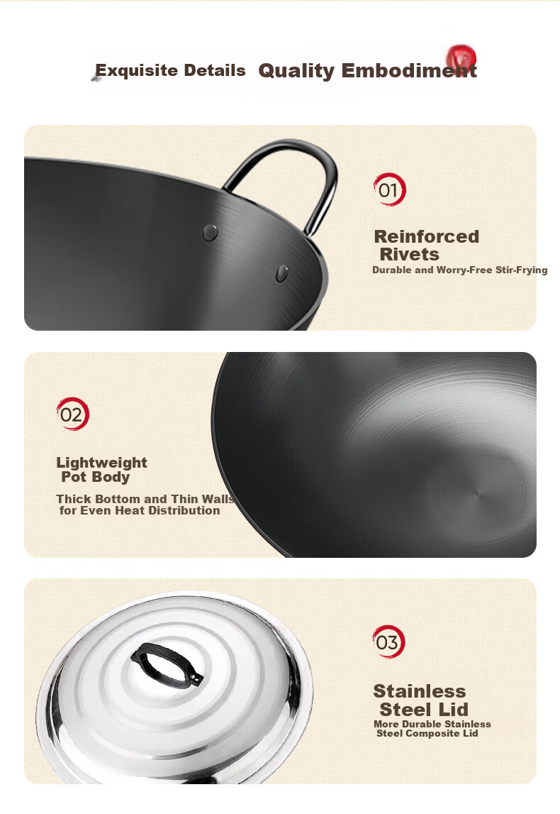 Sacon Commercial Double-Handle Iron Wok Hand-Forged Stir-Fry Pan No Coating Home Cooking Round Bottom Gas Stove 60cm with Lid 13